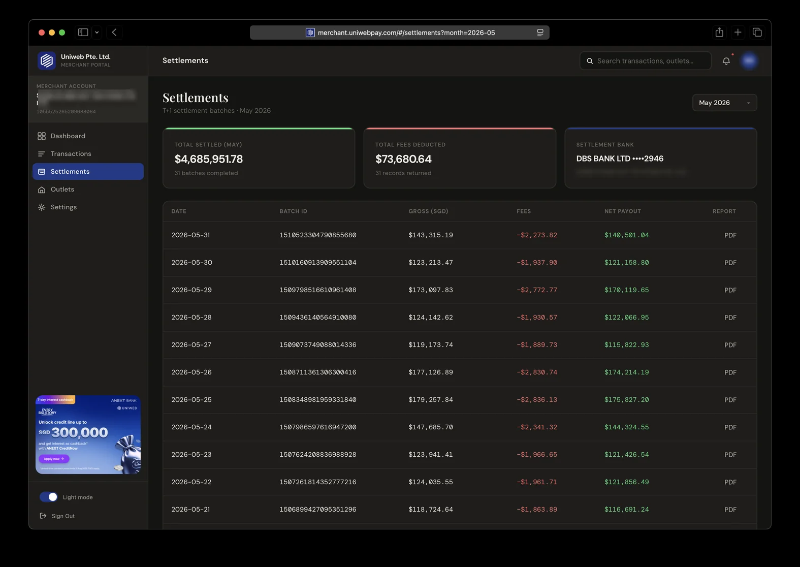 Merchant portal — settlements